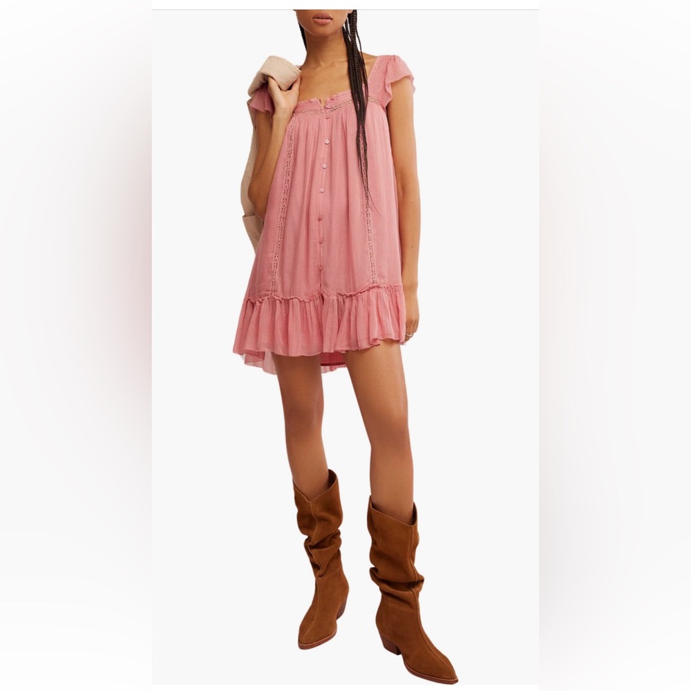 Free People Olivia‎ Gauze Babydoll Dress mini minidress pink medium NWT